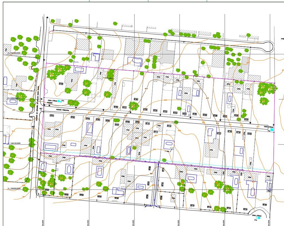 Levantamento planialtimétrico cadastral do núcleo, com lotes, edificações e curvas de nível