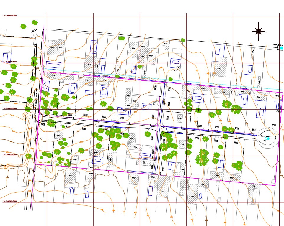 Levantamento planialtimétrico cadastral do núcleo, com sistema viário, lotes e edificações